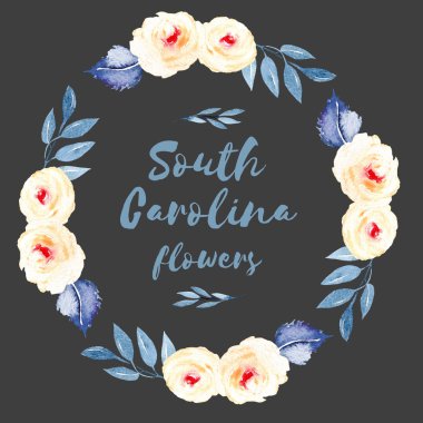 Daire kare, çelenk pembe Gül, mavi yaprakları ve dalları