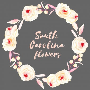 Daire kare, çelenk, krem ve pembe güller, yaprakları ve düğme şubeleri