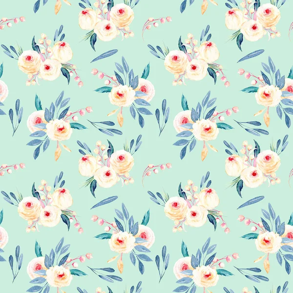 Pembe ve mavi tonları suluboya çiçek buketleri ile sorunsuz çiçek desenli