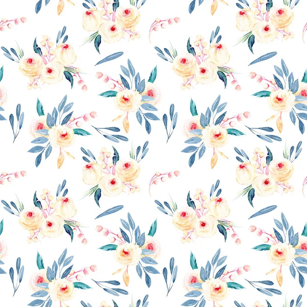 Pembe ve mavi tonları suluboya çiçek buketleri ile sorunsuz çiçek desenli