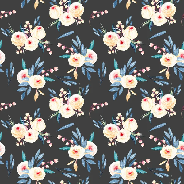 Pembe ve mavi tonları suluboya çiçek buketleri ile sorunsuz çiçek desenli