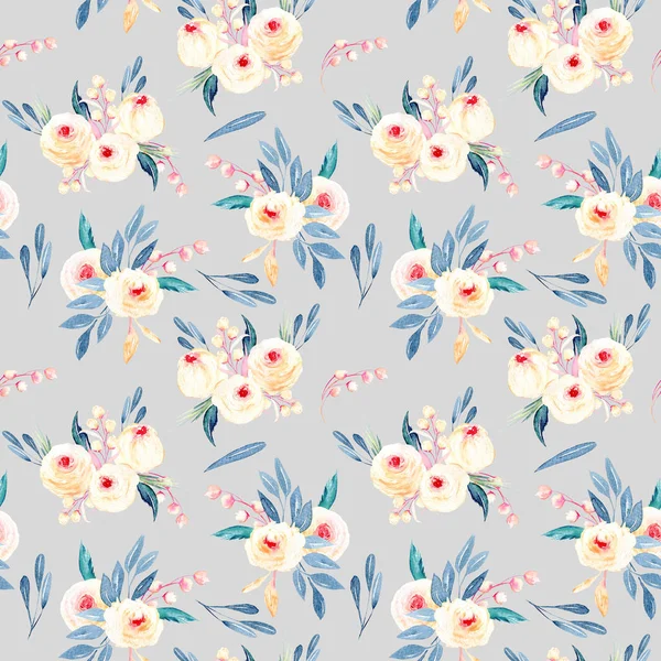 Seamless floral pattern with watercolor flower bouquets in pink and blue shades — Stock Photo, Image