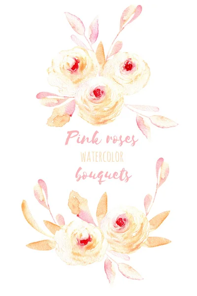 组的水彩粉色玫瑰和树叶花束插图 — 图库照片
