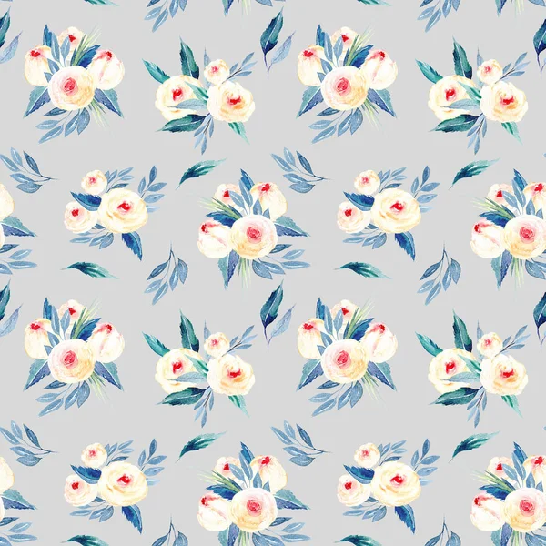 Motif floral sans couture avec bouquets de fleurs aquarelle dans les tons rose et bleu — Photo