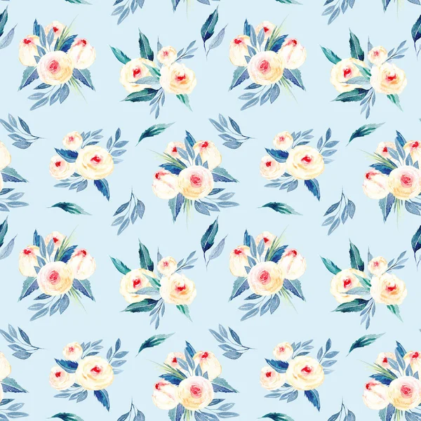 Pembe ve mavi tonları suluboya çiçek buketleri ile sorunsuz çiçek desenli