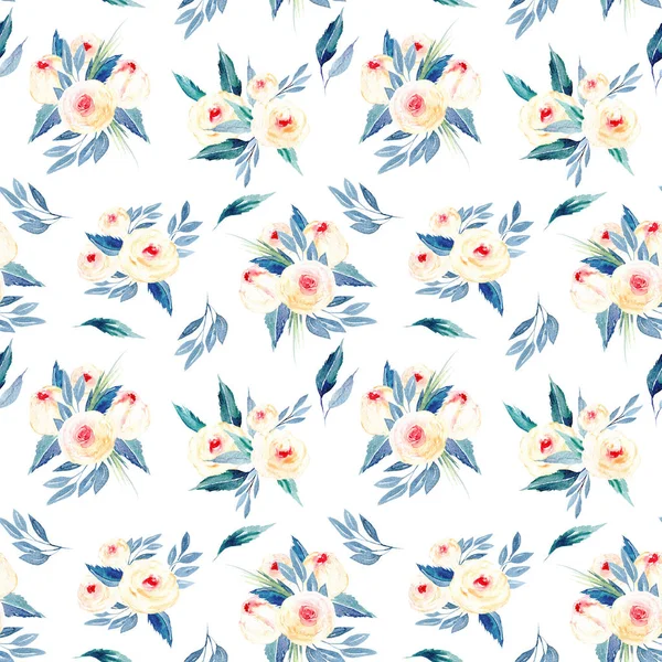 Seamless floral pattern with watercolor flower bouquets in pink and blue shades — Stock Photo, Image