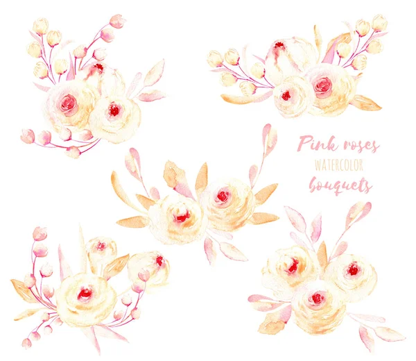 Set aquarel roze rozen en bladeren boeketten illustratie — Stockfoto