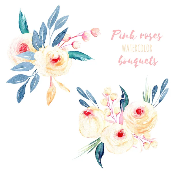 수채화 핑크 장미와 푸른 나뭇잎 꽃다발 그림 — 스톡 사진