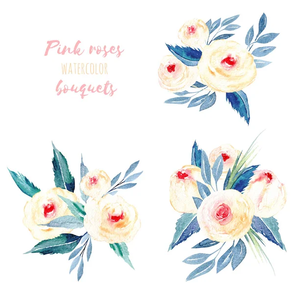 水彩のピンクのバラとブルーのセットの葉の花束イラスト — ストック写真