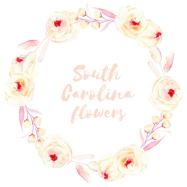 Daire kare, çelenk, krem ve pembe güller, yaprakları ve düğme şubeleri