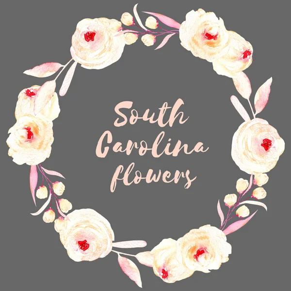 Daire kare, çelenk, krem ve pembe güller, yaprakları ve düğme şubeleri