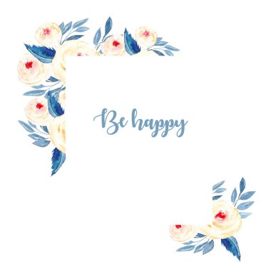 Pembe Gül, mavi yapraklar ve dallar çerçeve kenarlığı