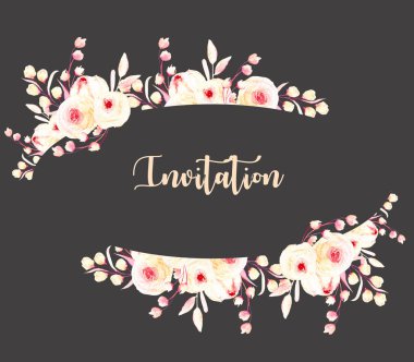 Sulu boya pembe Gül ve dalları ile oval çerçeve kenarlığı