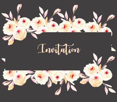 Sulu boya pembe Gül ve dalları ile çerçeve kenarlığı