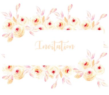 Sulu boya pembe Gül ve dalları ile çerçeve kenarlığı