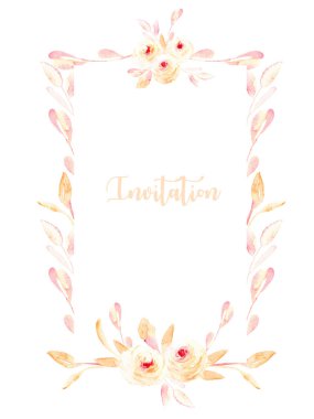 Çerçeve suluboya pembe Gül ve nane dalları