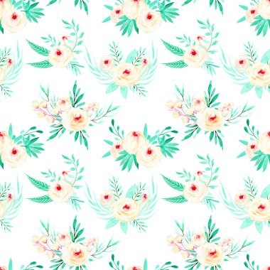 Sulu boya pembe Gül ve Nane otlar buketleri ile sorunsuz çiçek desenli