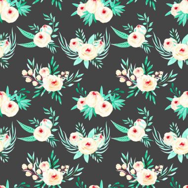 Sulu boya pembe Gül ve Nane otlar buketleri ile sorunsuz çiçek desenli