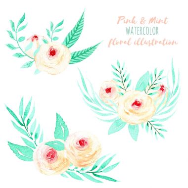 Buketler illüstrasyon suluboya pembe Gül ve nane yaprakları