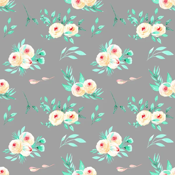 Seamless floral pattern with watercolor pink roses and mint herbs bouquets — Stock Photo, Image