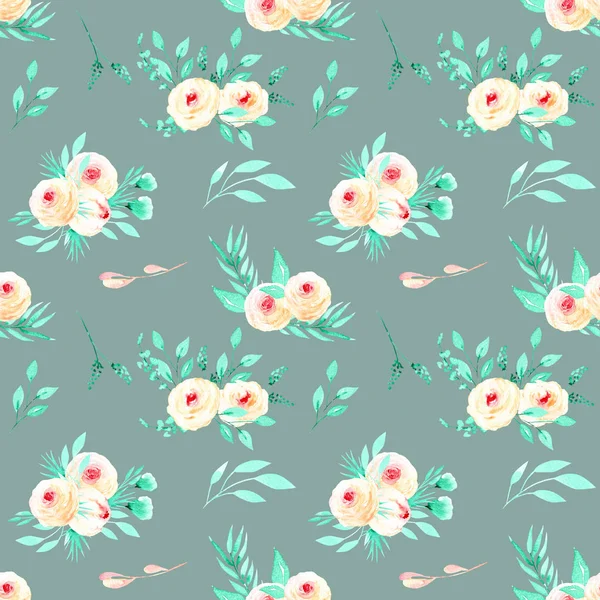 Seamless floral pattern with watercolor pink roses and mint herbs bouquets — Stock Photo, Image