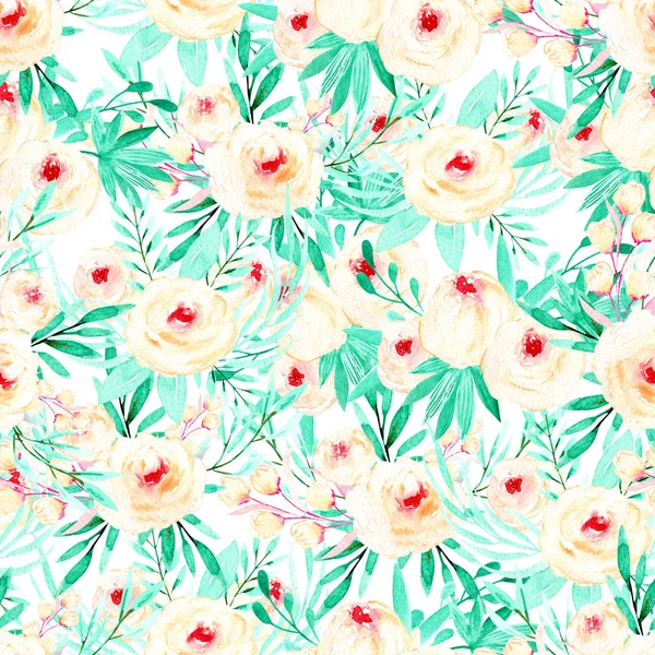 Seamless floral pattern with watercolor pink roses and mint herbs — Stock Photo, Image