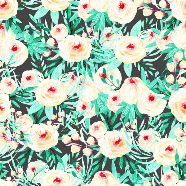 Seamless floral pattern with watercolor pink roses and mint herbs — Stock Photo, Image