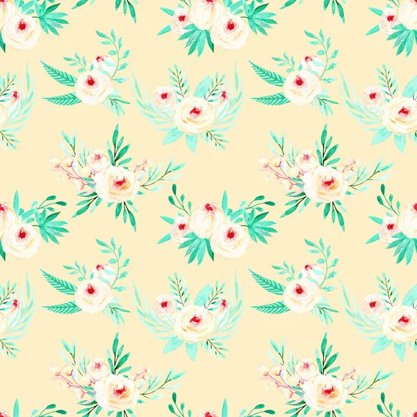 Seamless floral pattern with watercolor pink roses and mint herbs bouquets — Stock Photo, Image