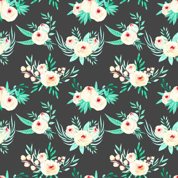 Sulu boya pembe Gül ve Nane otlar buketleri ile sorunsuz çiçek desenli