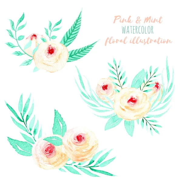 Uppsättning akvarell rosa rosor och mint lämnar buketter illustration — Stockfoto