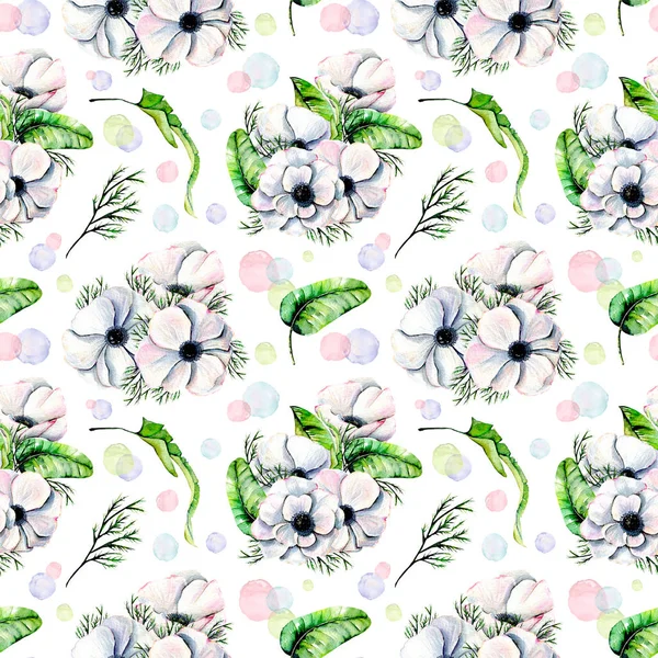 Seamless pattern with watercolor white anemones and green tropic leaves — Stock Photo, Image