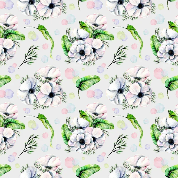 Seamless pattern with watercolor white anemones and green tropic leaves — Stock Photo, Image