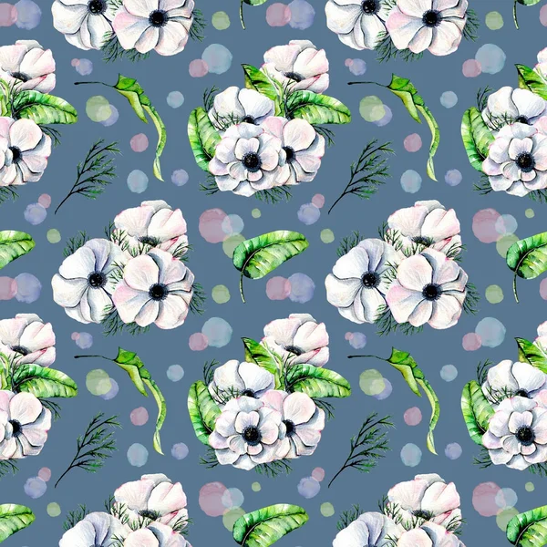 Nahtloses Muster mit Aquarell weißen Anemonen und grünen tropischen Blättern — Stockfoto