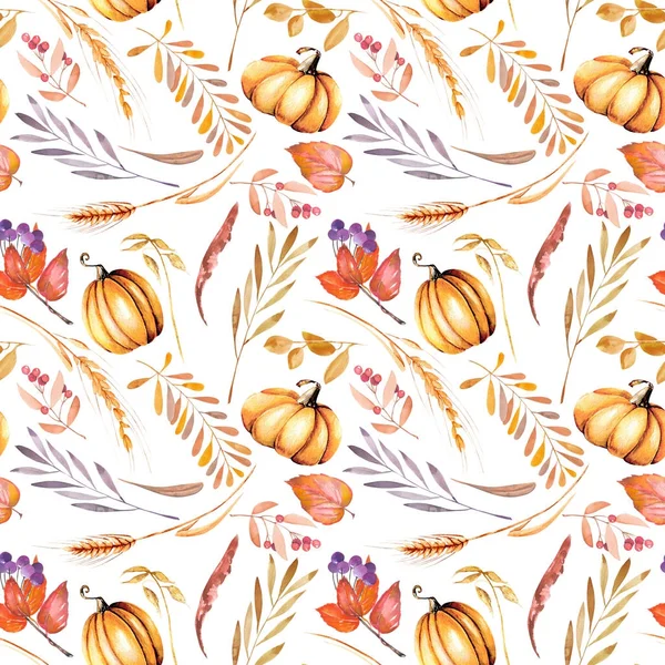 Jednolity wzór jesień z akwarela dynie, gałęzie drzew i jagody — Zdjęcie stockowe