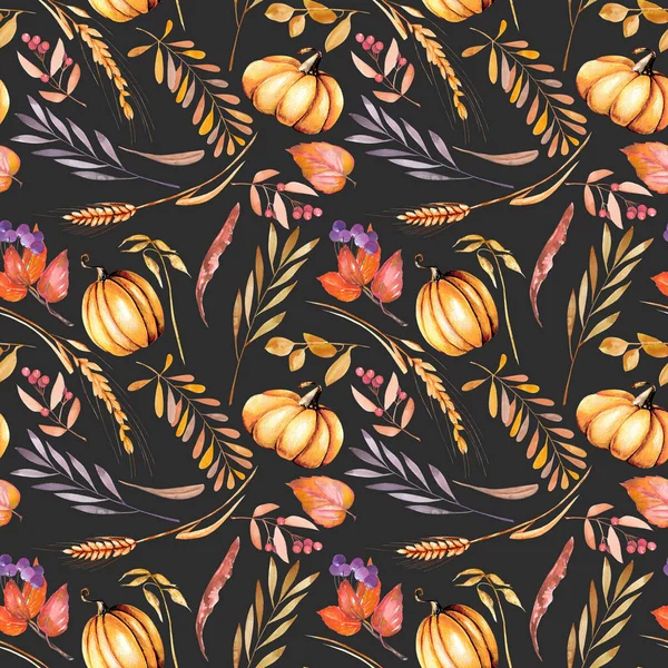 Seamless autumn pattern with watercolor pumpkins, tree branches and berries — Stock Photo, Image