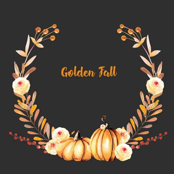 Grinalda de outono com abóboras aquarela, galhos de árvore, flores de outono e bagas — Fotografia de Stock
