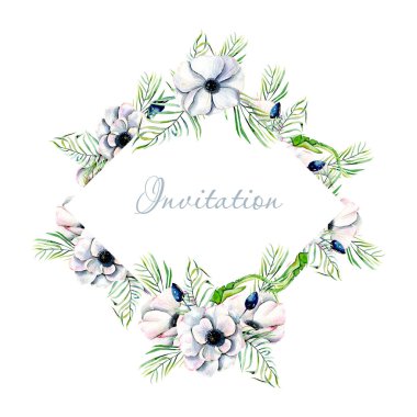 Sulu Boya beyaz anemon ve yeşil yaprakları ile Rhombus çerçeve çiçek sınır