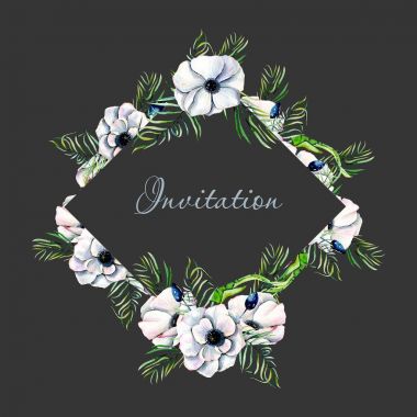 Sulu Boya beyaz anemon ve yeşil yaprakları ile Rhombus çerçeve çiçek sınır