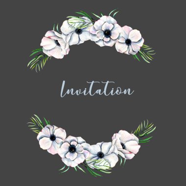 Çelenk, suluboya beyaz anemon ve yeşil dallar ile çerçeve kenarlığı