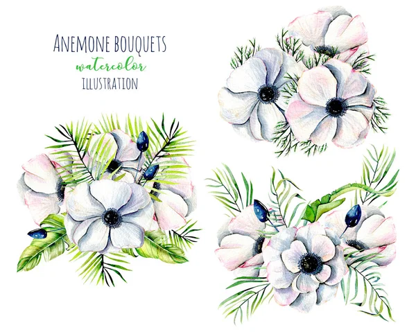 Bouquets de fleurs d'anémone blanche aquarelle — Photo