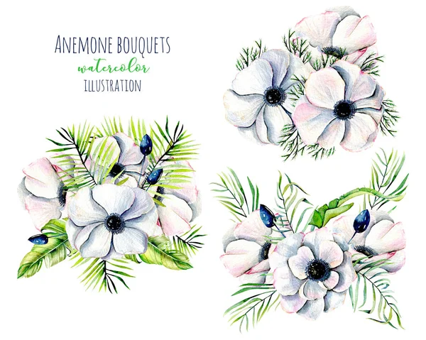 Aquarela branco anêmona flores buquês — Fotografia de Stock