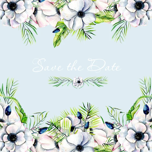 Tarjeta de diseño floral con anémonas blancas acuarela y hierbas verdes —  Fotos de Stock