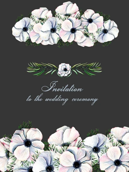 Floral design card with watercolor white anemones — Stock Photo, Image