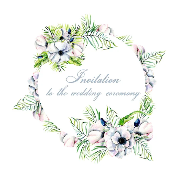 Floral frame, banner met aquarel witte anemonen en groene palm bladeren — Stockfoto