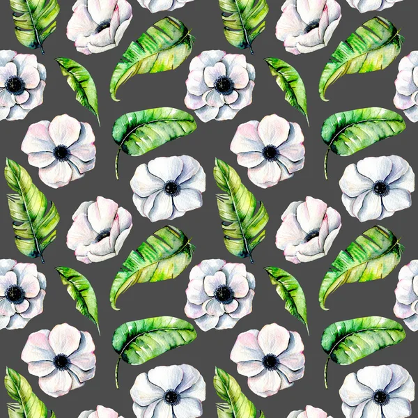 Patrón sin costuras con anémonas blancas acuarela y hojas exóticas verdes —  Fotos de Stock