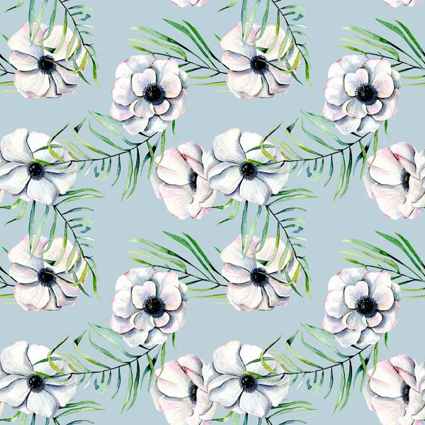 Seamless pattern with watercolor white anemones and green palm leaves — Stock Photo, Image
