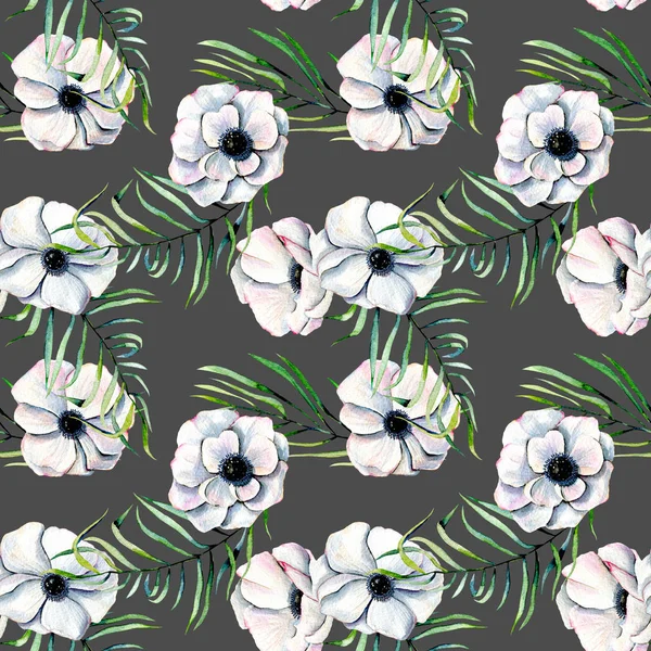Nahtloses Muster mit weißen Anemonen in Aquarell und grünen Palmblättern — Stockfoto