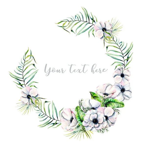 Wreath, circle frame with watercolor white anemones and green palm leaves