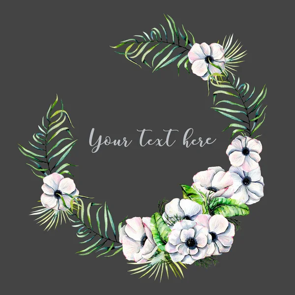 Wreath, circle frame with watercolor white anemones and green palm leaves — Stock Photo, Image
