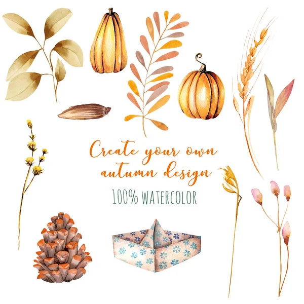 Set of watercolor autumn elements: pumpkins, fir cones, wheat spikes, yellow leaves — Stock Photo, Image